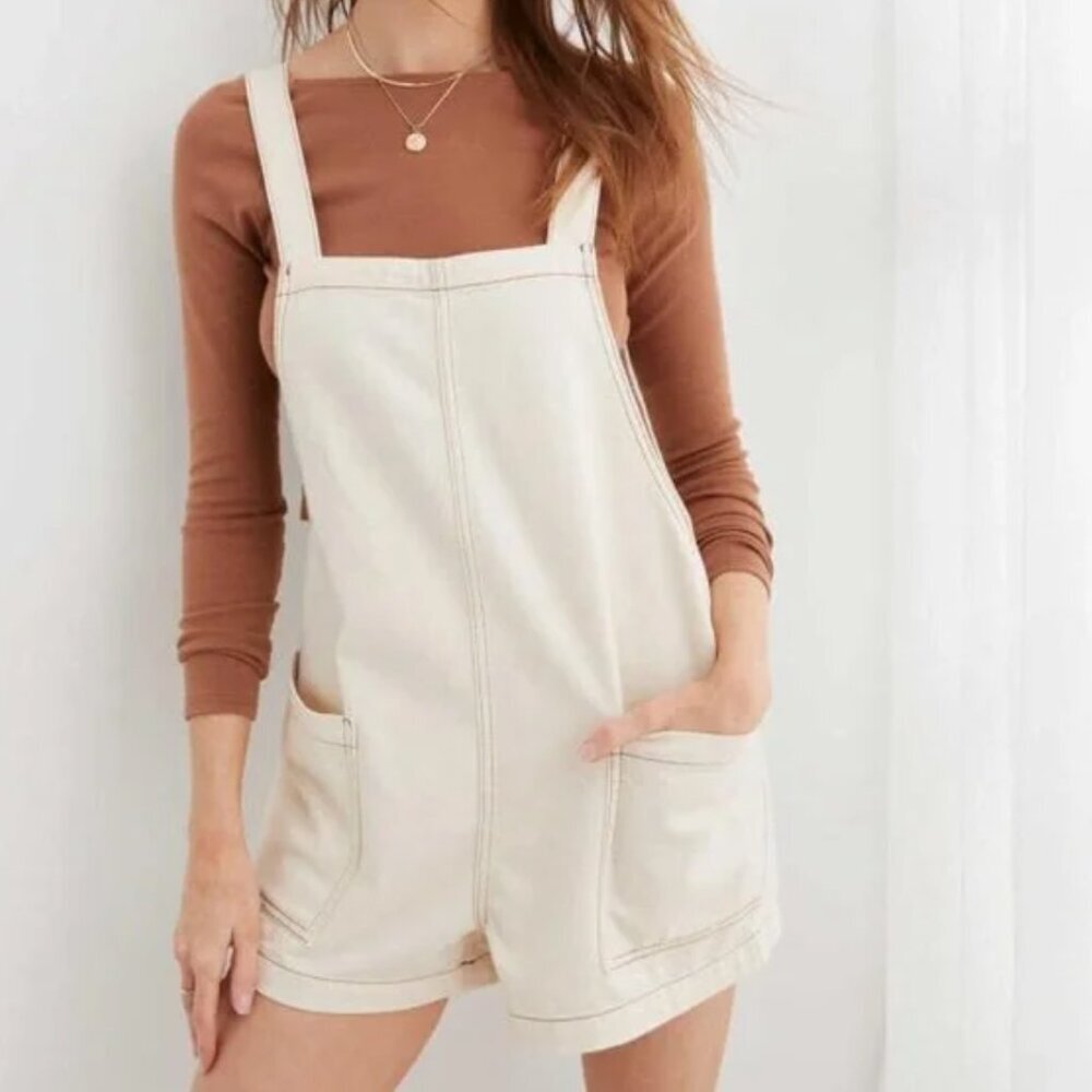 Aerie Denim Shortalls Cream Overalls Women's Size XL New Square Neck Pockets